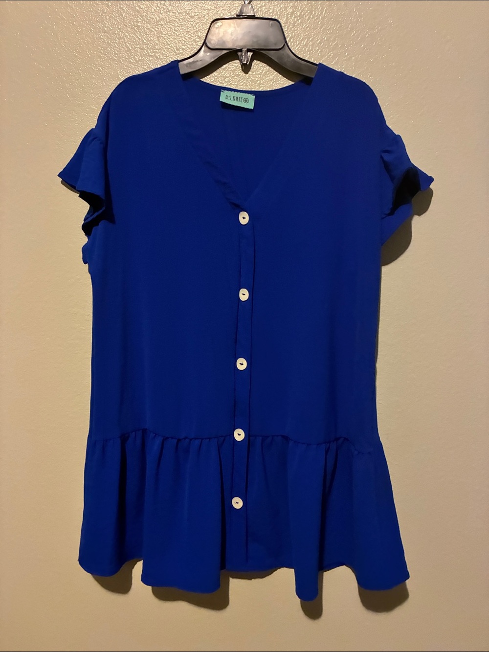 Royal Blue V-Neck Button-Front Ruffle Hem Blouse